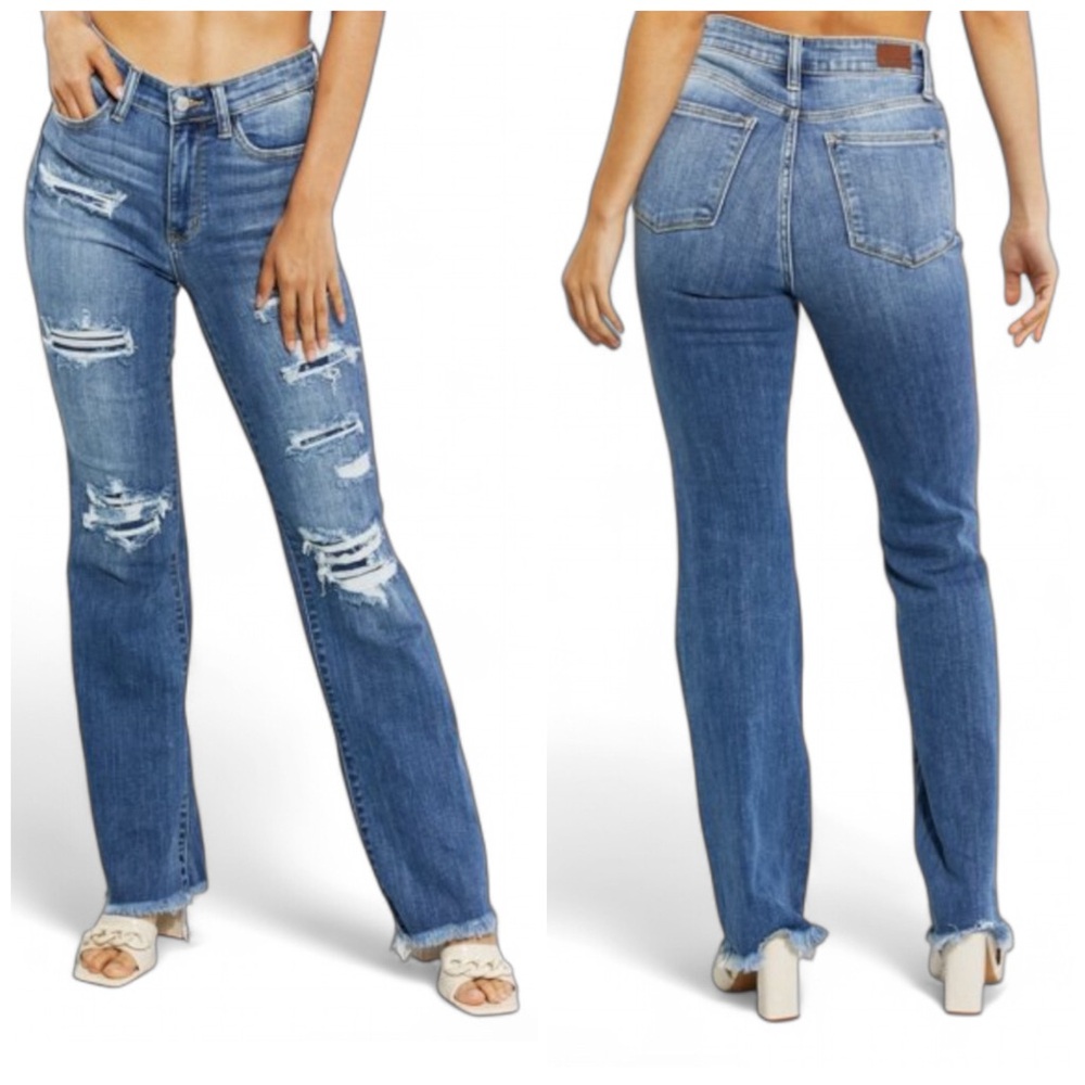 Judy Blue Janie High Waisted Patched Medium Washed Bootcut Jeans Sz 29 JB82484MD